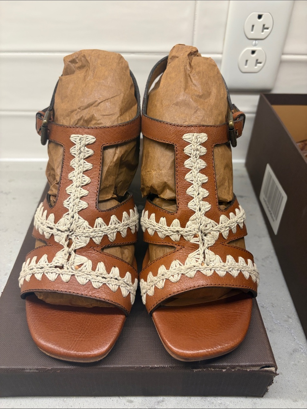 Patricia Nash Larnaka Leather Block Heel tan Sandals with Cream Trim